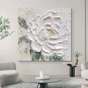Cream Wind White Peony Flower Thick Texture Hand Drawn Oil Painting Hanging Painting
