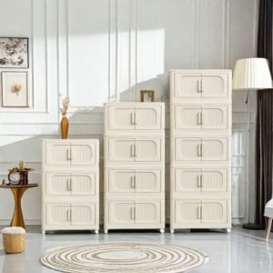 Cream White 19.69 Side Wide Folding Storage Cabinet ,3 Tiers,19.69x11.81x31.1,Collapsible Storage Bins With Magnetic Door, Plastic Storage Cabinet With Wheels
